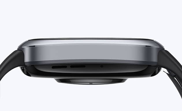 HUAWEI WATCH D2 黑色侧视图，展示了黑色表壳、表冠、功能按钮