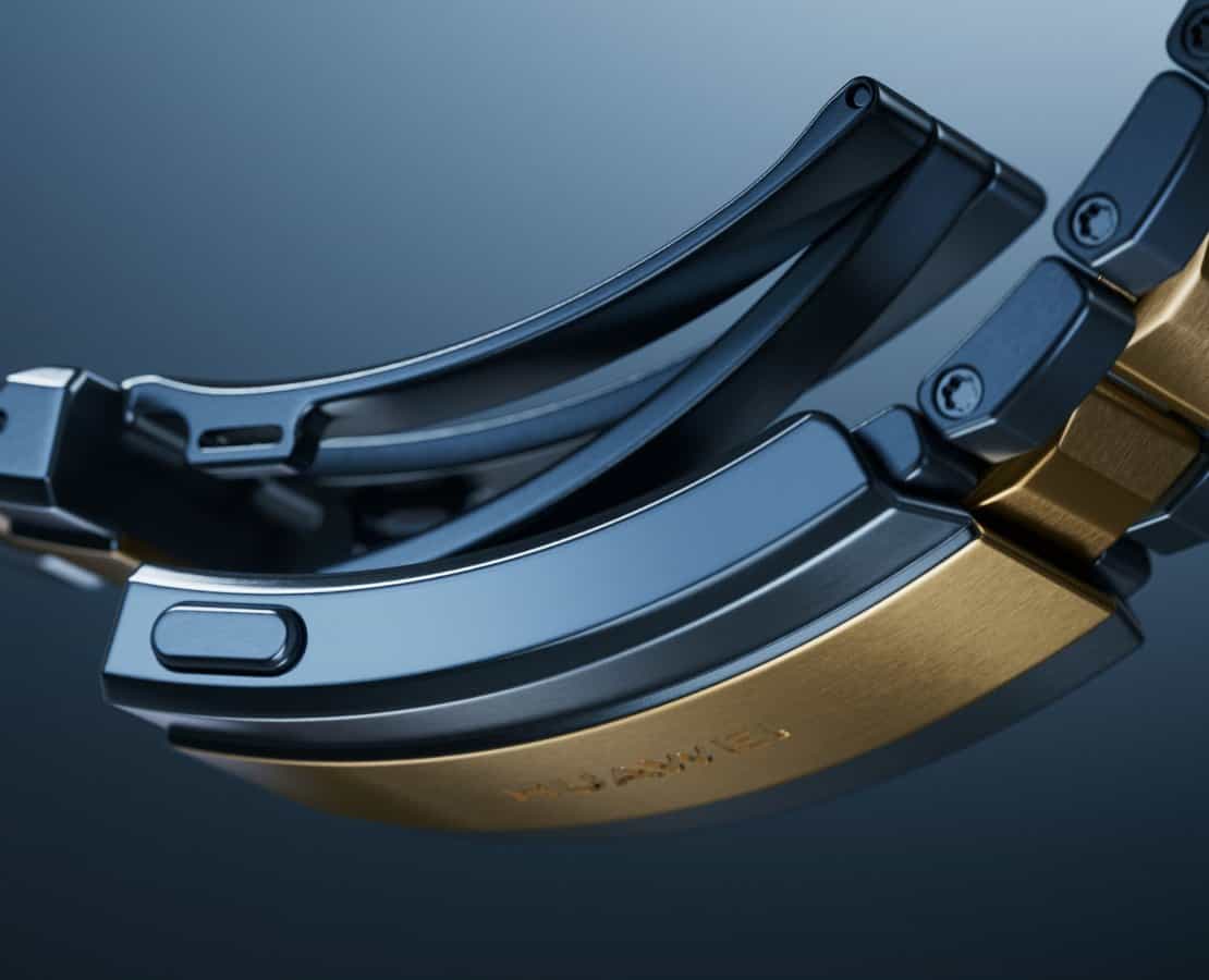 展示 HUAWEI WATCH ULTIMATE DESIGN 非凡大师的钛合金间金表带和可伸缩蝴蝶表扣