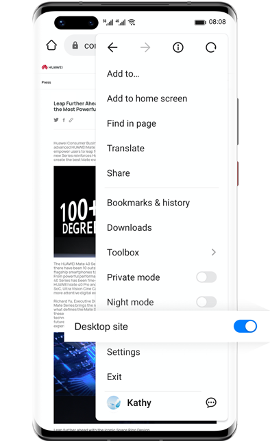 Huawei Browser- night mode, destop site, block image