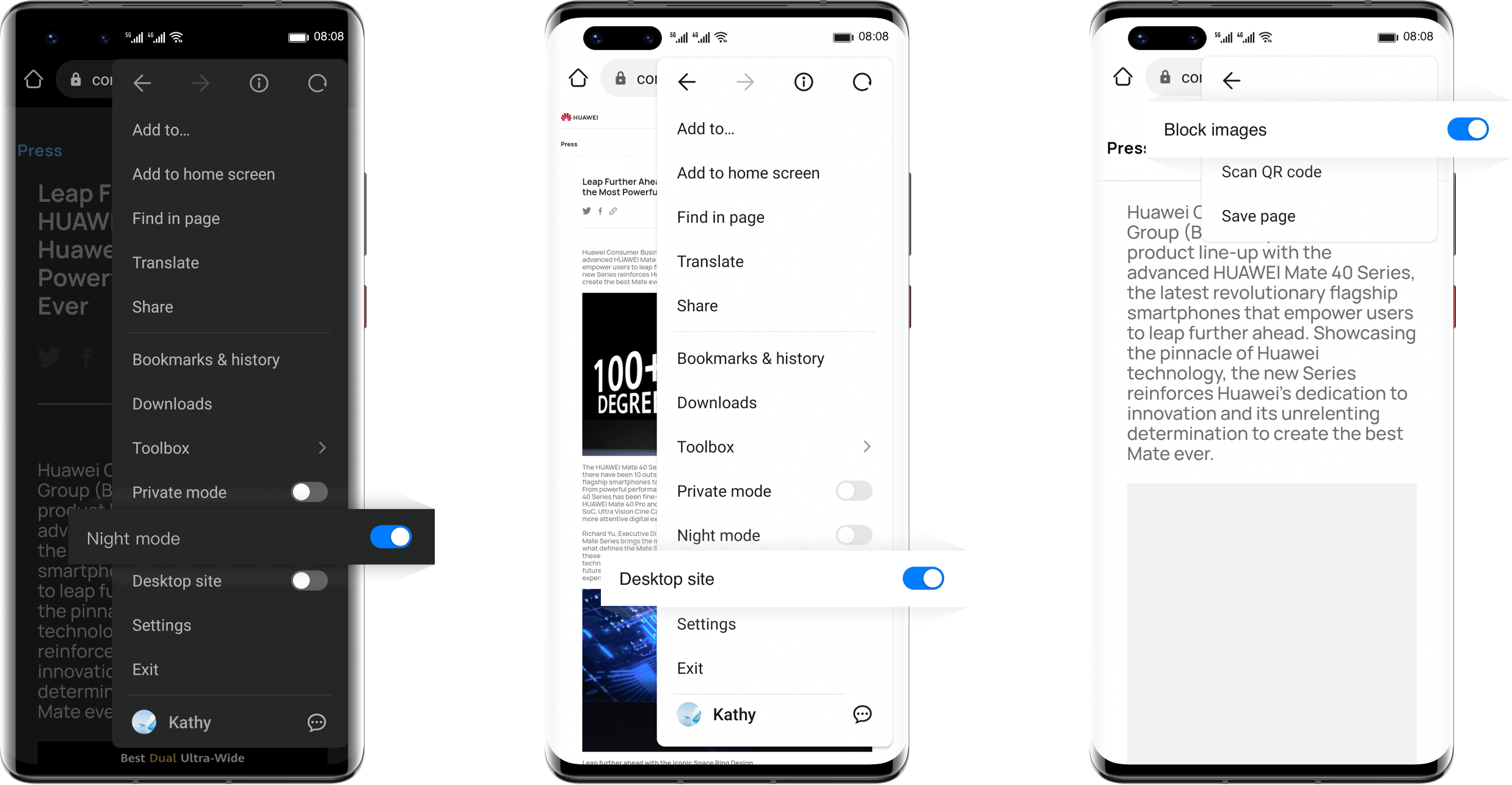 Huawei Browser- night mode, destop site, block image