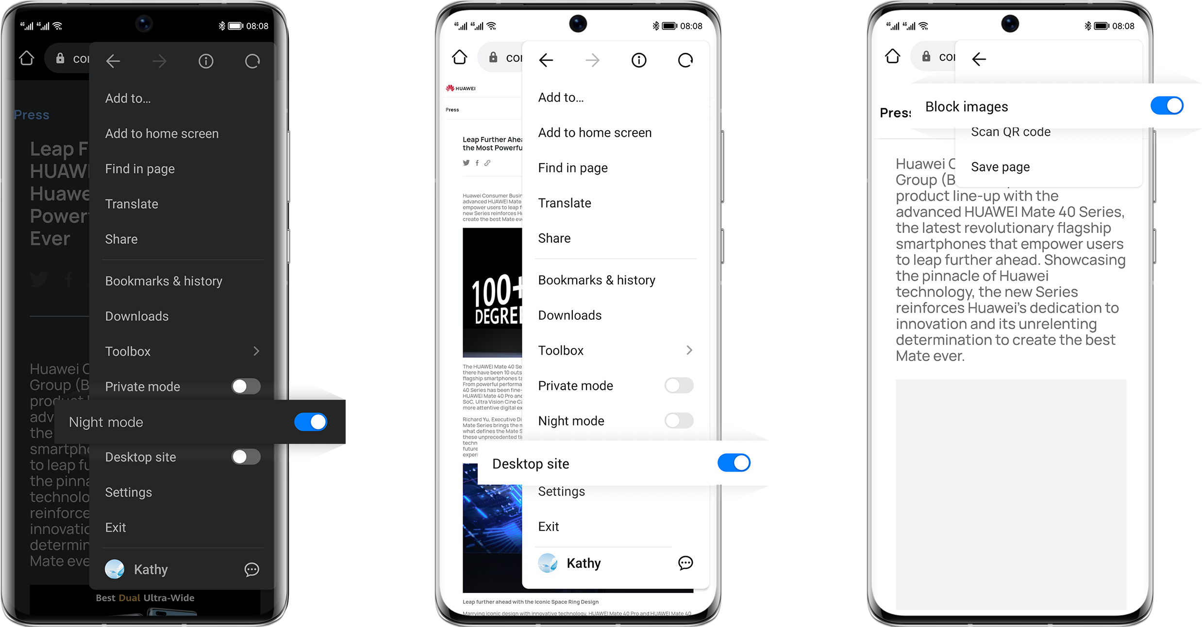 Huawei Browser- night mode, destop site, block image