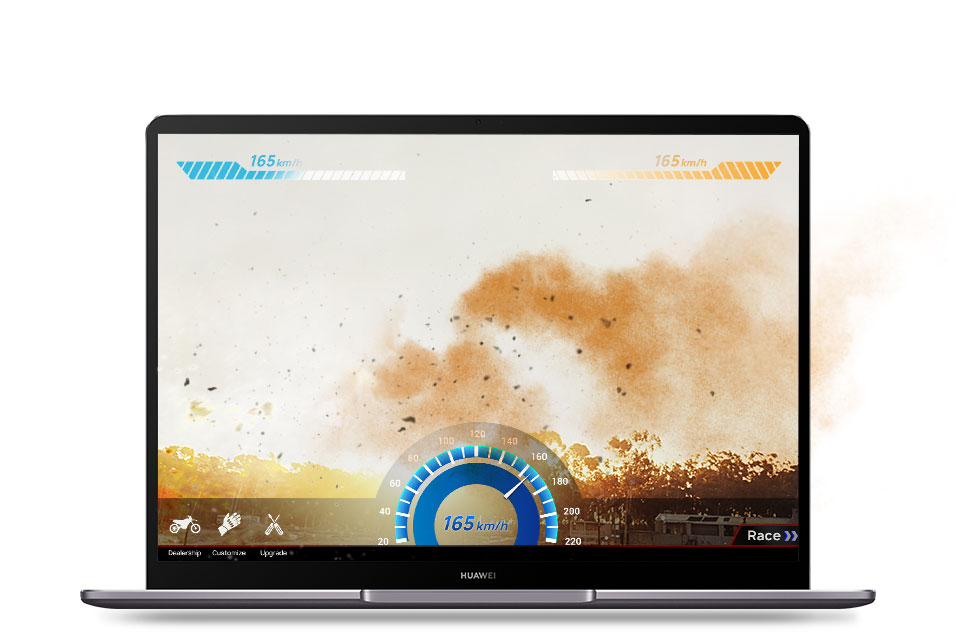 Two motorcyclists fastly rush out the Huawei matebook screen