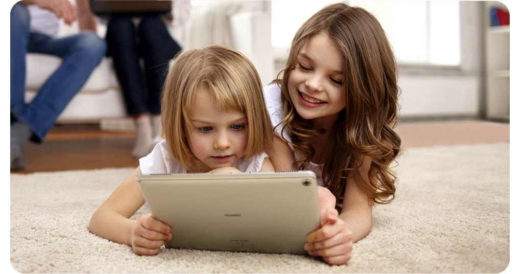 Huawei mediapad m5 lite girls watching happily