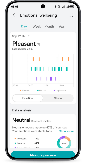 The phone displays Emotional wellbeing interface, while the purple HUAWEI Band 10 shows the Panda Huahua watch face, highlighting the device's emotional wellbeing management capabilities